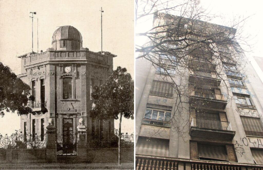 Vista do Observatório de São Paulo localizado na Avenida Paulista, com destaque para a arquitetura do Edifício Dumont Adams ao fundo.