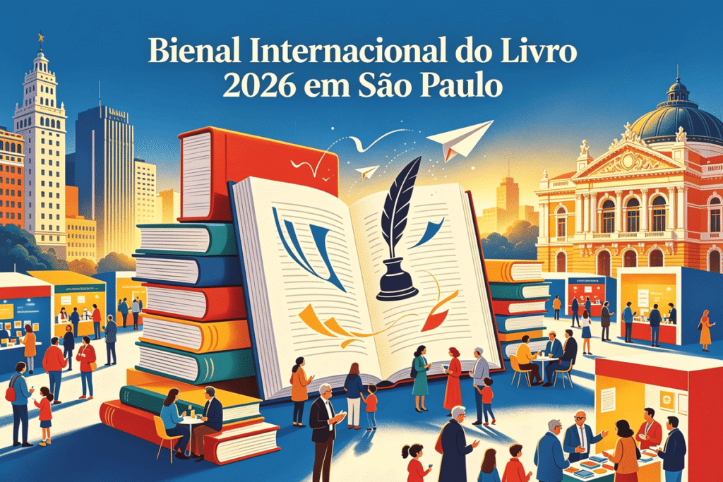 Um panorama do evento Bienal do Livro de São Paulo 2026, com visitantes explorando estandes de livros em um ambiente vibrante e cultural.