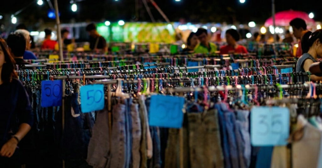 Feira da Madrugada em São Paulo com barracas de moda popular e compradores, representando uma experiência única de compras.