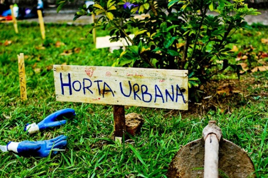 Horta urbana em São Paulo com diversas plantas e pessoas cuidando do espaço