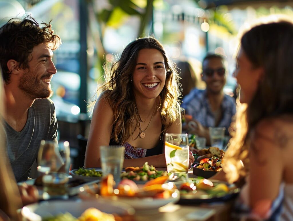 Vista de um restaurante agradável em Pinheiros, São Paulo, com pessoas desfrutando de refeições ao ar livre.