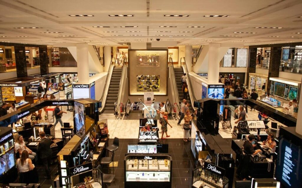 Vista da Avenida Paulista com shoppings e galerias, representando o vibrante comércio de São Paulo