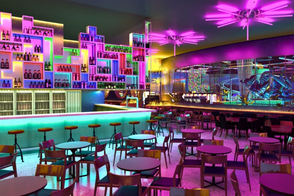 Bar gigante e montanha-russa no Bario Park, um novo espaço de entretenimento em shopping em São Paulo.