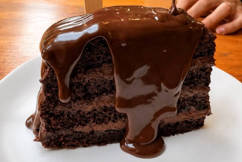 Bolo de chocolate inspirado no filme Matilda, decorado e servido em uma confeitaria de São Paulo
