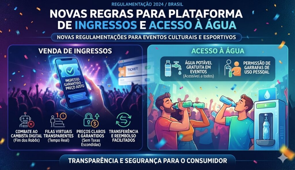 Consumidores em um festival garantindo acesso à água potável e informações transparentes sobre ingressos.
