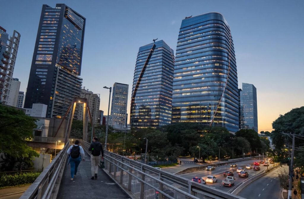 Vista aérea da cidade de São Paulo destacando seus arranha-céus e centros de negócios