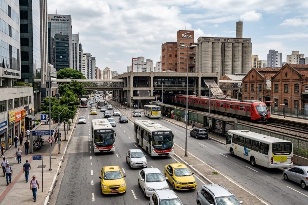 Vista panorâmica da Barra Funda, destacando a arquitetura moderna e a movimentação da cidade de São Paulo.