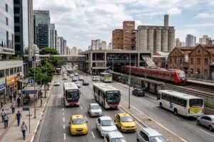 Vista panorâmica da Barra Funda, destacando a arquitetura moderna e a movimentação da cidade de São Paulo.
