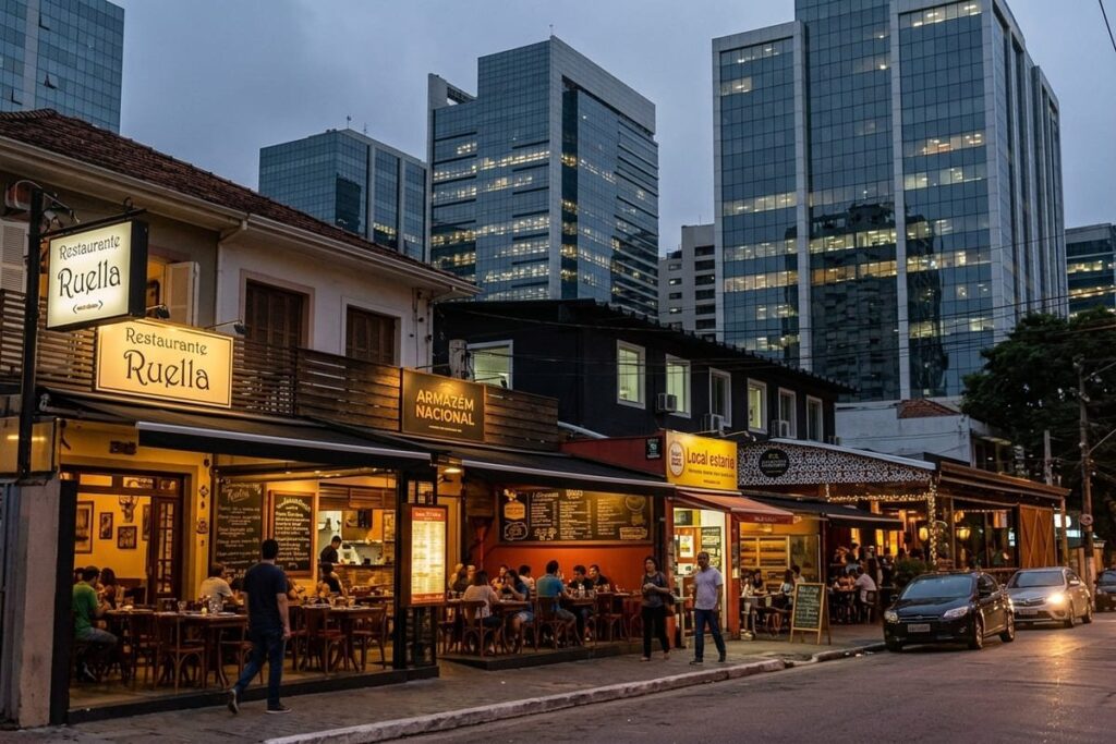 Vista de restaurantes na Vila Olímpia, São Paulo, destacando a diversidade gastronômica do bairro